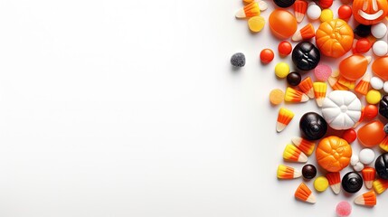 Halloween concept. Creative flat lay composition with pot and halloween candies on white background.