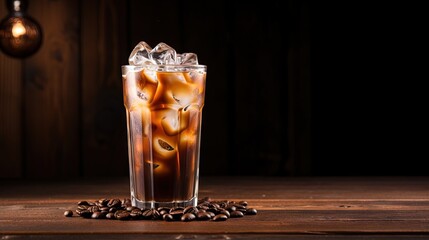 Ice coffee in a tall glass with cream poured over and coffee beans on a old rustic wooden table....