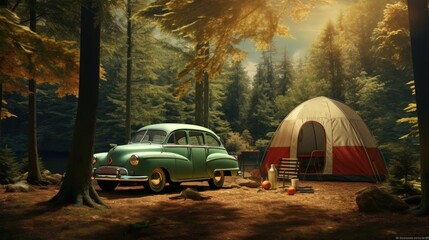 Weekend retro trip on vintage car to forest on camping - obrazy, fototapety, plakaty