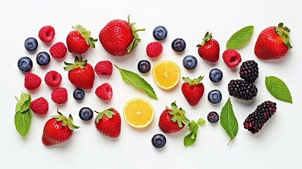 Assorted fresh fruits and berries on white background. Clean eating, healthy life. Top view. - obrazy, fototapety, plakaty