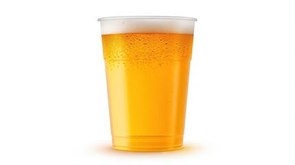 Front view of draught beer in plastic disposable cup isolated on white