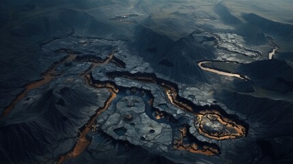 Open pit ore mining. Photo of a pit for mining ore from the air. A string of roads in the mountains dug by man. - obrazy, fototapety, plakaty