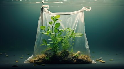 Plastic free.Ecological poster. Say NO to plastic and polyethylene bags. Ban plastic pollution. Biodegradable bag, made with green sprout and leaves. Zero waste and Sustainable lifestyle. Think Green.