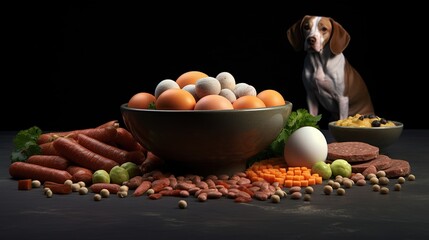Natural Raw organic dog food in bowl and dogs paws on grey background. BARF Diet for dogs Raw meat, eggs, vegetables.