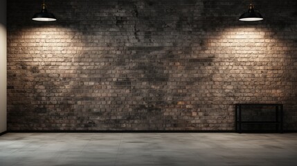 Empty photo studio interior with black background and brick wall. Mock up, 3D Rendering - obrazy, fototapety, plakaty