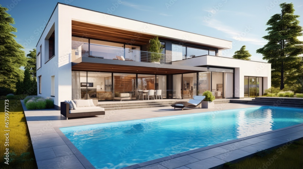 Poster realistic 3d rendering of a very modern upscale house with swimming pool