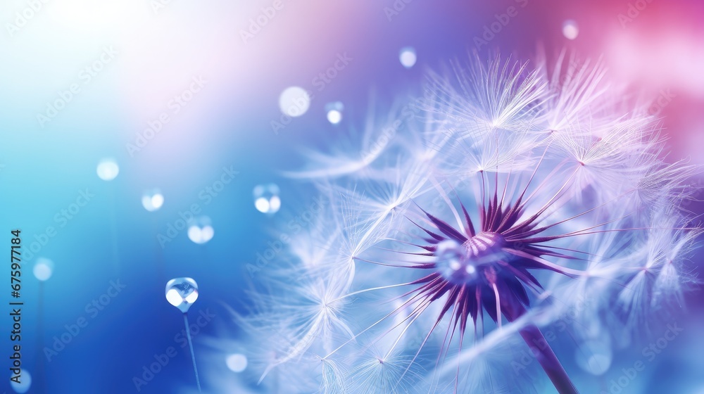 Aufkleber beautiful dew drops on a dandelion seed macro. beautiful soft light blue and violet background. wate