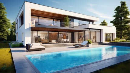 Fototapeta na wymiar Realistic 3D rendering of a very modern upscale house with swimming pool