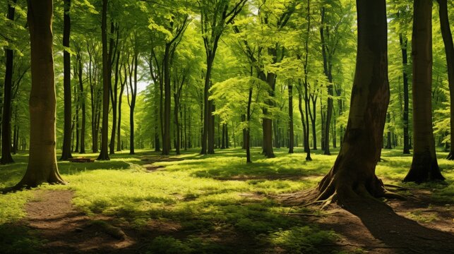 Panoramic view of the green summer beech forest. Sunlight through the mighty trees. Environmental conservation, ecology, pure nature, ecotourism. Idyllic landscape