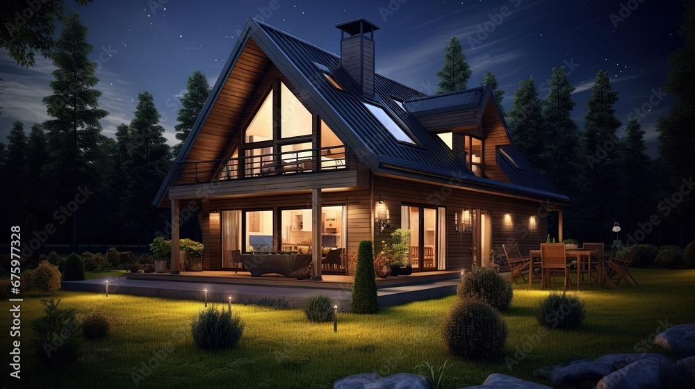 Aufkleber 3d rendering of modern cozy house in chalet style with garage for sale or rent with many grass on la