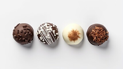 Various types of chocolate truffles on a white background top view. Round sweets made of milk,...