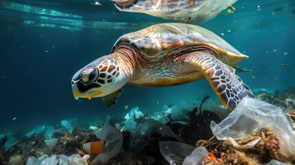 Naklejka na ściany i meble sea turtle in a dirty ocean, garbage, plastic bottles, water pollution, environmental problems, ecology, harm to animals, waste, nature in danger, eco-consciousness, global disaster, trash, shell, eco
