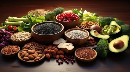 Healthy balanced dieting concept. Selection of rich fiber sources vegan food. Vegetables fruit seeds beans ingredients for cooking