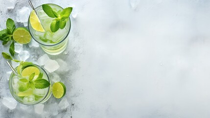 Mojito cocktail alcohol bar long drink traditional Cuba fresh tropical beverage top view copy space two highball glass, with rum, spearmint, lime juice, soda water and ice on white concrete table. - obrazy, fototapety, plakaty