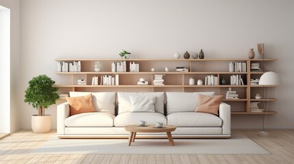 Bright living room interior with large sofa, bookshelves, coffee table, crockery, white wall, carpet and oak wooden floor. Concept of minimalist design. Comfortable place for meeting. 3d rendering