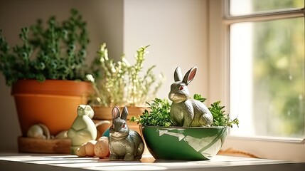 Easter home decor. Green bunny rabbit figurine and colored easter chocolate eggs on plate on wooden console with green home plants and sunlight and shadows on white wall. Selective focus. Copy space.
