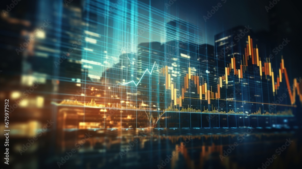 Aufkleber Creative digital graph interface over blurry blue background. Concept of stock market, coding and investment. 3d rendering toned image double exposure