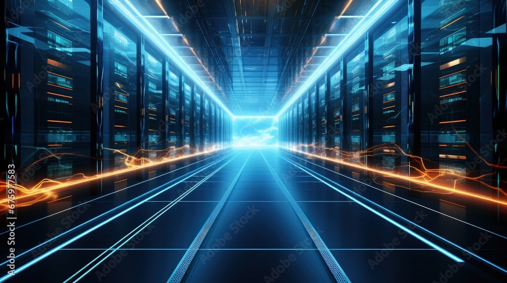 Poster Shot of Corridor in Working Data Center Full of Rack Servers and Supercomputers with Internet connection Visualization Projection.