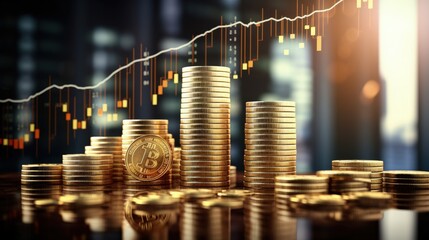 Creative image of growing coin stacks and candlestick forex chart on blurry background. Trade, money and financial growth concept. Double exposure