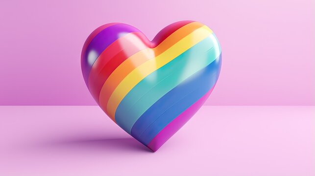 Isolated rainbow striped heart on a pink background for LGBTQIA+ Pride month, sexuality freedom, love diversity celebration and the fight for human rights in 3D illustration