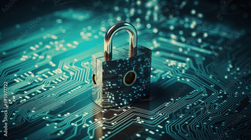 Poster Padlock on computer motherboard. Internet data privacy information security concept. Toned image