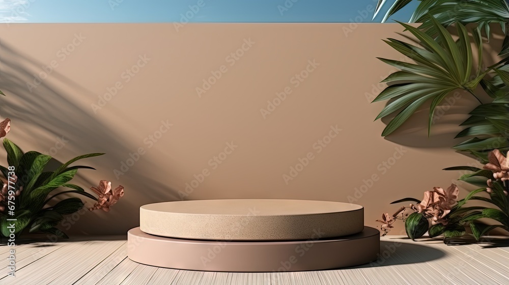 Poster summer product display podium with shadow nature leaves with brown wall and sea background. 3d rende