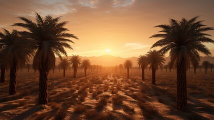 Sunrise above plantation of date palms, developing agriculture industry in desert areas of the Middle East - obrazy, fototapety, plakaty