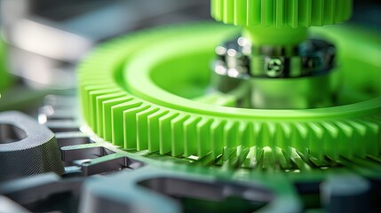 print head, bright green print bed and white helical gears with visible infill and layer. opblique view on process of 3D-printing. copy space for text. selective focus. additive manufacturing concept - obrazy, fototapety, plakaty