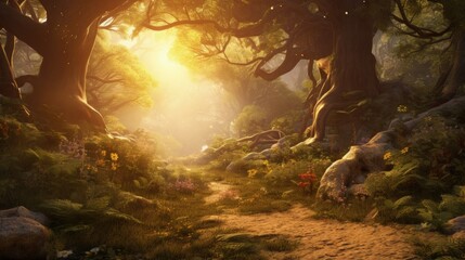 fairy tale background trees forrest sun dust landscape