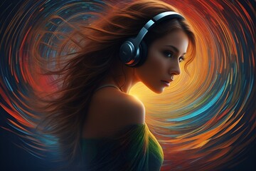 A colorful illustration of relaxed women with headphones hearing sounds and hallucinations with vivid creative fantasy music background. sound inspiration & emotions concept. auditory hallucinations. - obrazy, fototapety, plakaty