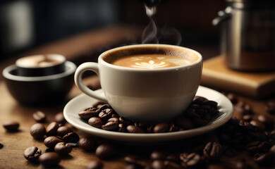 Obraz na płótnie Canvas Hot traditional cup coffee with coffee bean