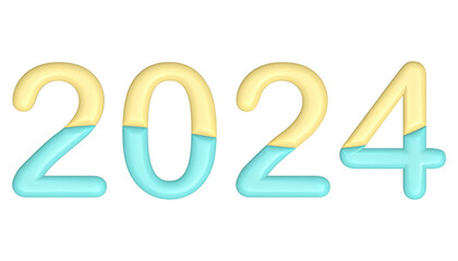 2024.Happy new year 2024.Png isolated on transparent background.3D cute number in pastel colors.