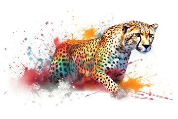 Gepard - Elegante Raubkatze in Bewegung inmitten von Farben Splash - obrazy, fototapety, plakaty