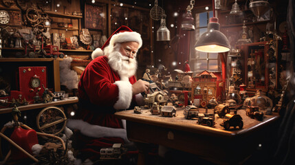 Fototapeta na wymiar Santa in his workshop building, tinkering on toys 