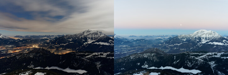 Blick auf Berchtesgaden im Winter vom Watzmann Hocheck in der Dämmerung und in der Nacht