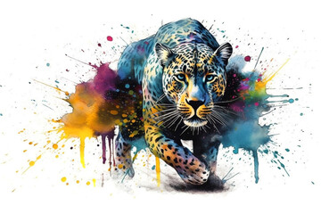 Jaguar - Elegante Raubkatze in Bewegung inmitten von Farben Splash - obrazy, fototapety, plakaty