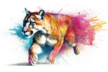 Puma - Elegante Raubkatze in Bewegung inmitten von Farben Splash - obrazy, fototapety, plakaty