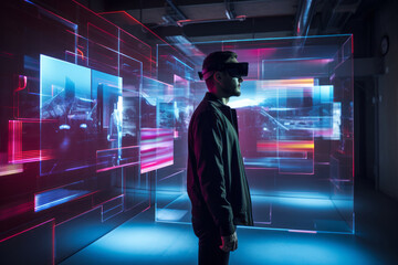 Fototapeta na wymiar Generative ai man wearing vr headset 3d goggles experiencing immersive metaverse