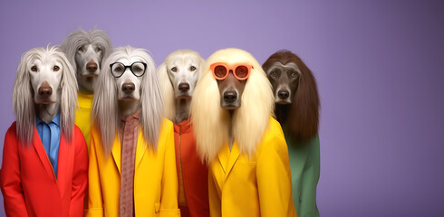 Creative animal concept. Afghan Hound dog puppy in a group, vibrant bright fashionable outfits isolated on solid background advertisement, copy space. birthday party invite invitation banner	