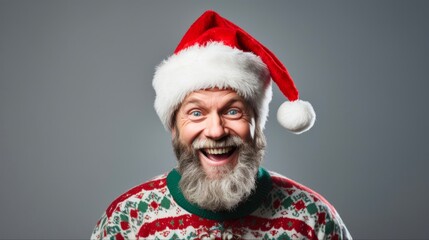 Merry Christmas Party! Smiling Elf Man in Funny Costume and Cute Hat, Celebrating Holiday with Joyful Gnome Vibes on Gray Studio Background