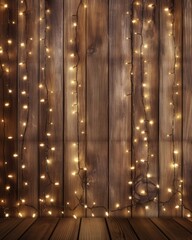 Vertical Christmas Lights Frame on Wooden Plank Background. Abstract Christmas Light and Copy Space Concept