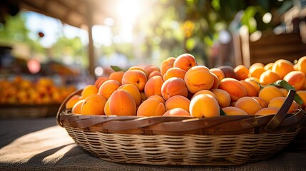  a basket filled with lots of ripe apricots on top of a table next to another basket filled with ripe apricots.  generative ai