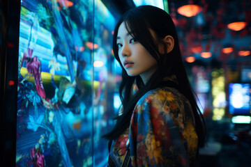 Generative ai young asiatic woman visionary wearing in the latest fashion of her era