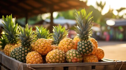  a crate filled with lots of pineapples sitting on top of a wooden table in front of a building.  generative ai