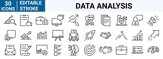 set of 30 line web icons Data Analysis. Big data, Processing, Productivity vector illustration. Editable stroke.