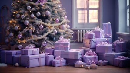  a christmas tree with purple and silver wrapped presents in front of it and a christmas tree with...