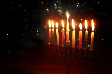 Religion image of jewish holiday Hanukkah background with menorah (traditional candelabra) and candles - obrazy, fototapety, plakaty