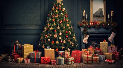  a christmas tree surrounded by presents in front of a fireplace with a christmas tree in the...