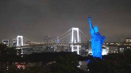 Panorama of Tokyo With Statue of Liberty. Odaiba, Japan.