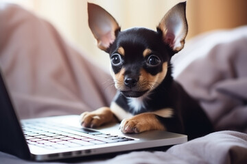 Little chihuahua dog sitting at laptop computer. Smart puppy using computer for online learning, training, shopping, communicate. Remote working from home, freelancing, video game addiction concept - obrazy, fototapety, plakaty